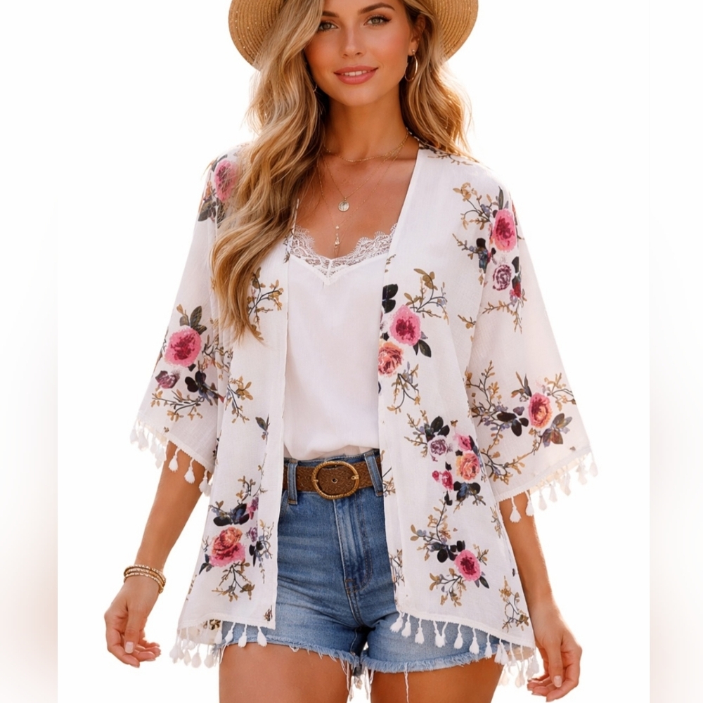Woman's Floral Kimono Cardigan Cover-Up Tassel Boho Open Front Size Large Resort